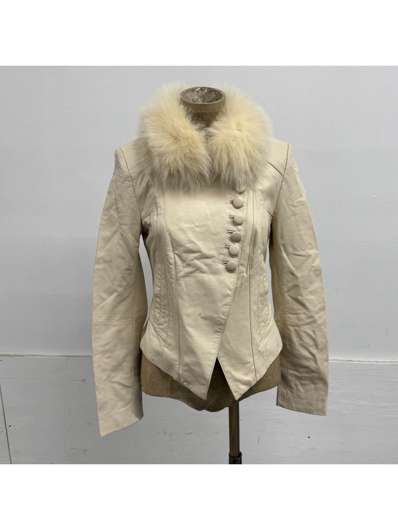 Vintage Cream Fox Fur Collar Asymmetric Avant Garde Leather Jacket